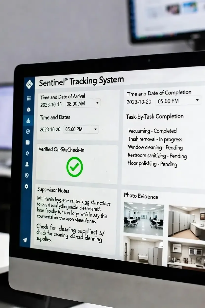 Sentinel cleaning oversight dashboard displaying task completion, timestamps, and photo evidence