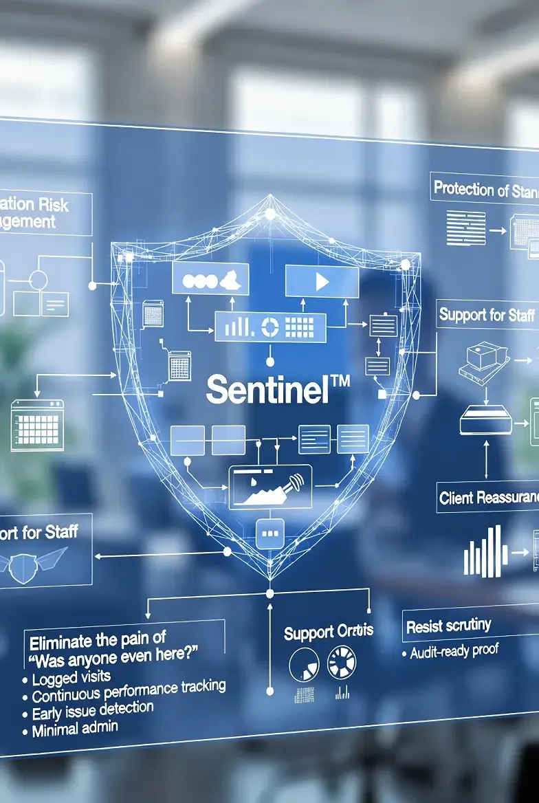 Sentinel cleaning oversight system visual showing logged visits, performance tracking, and audit readiness