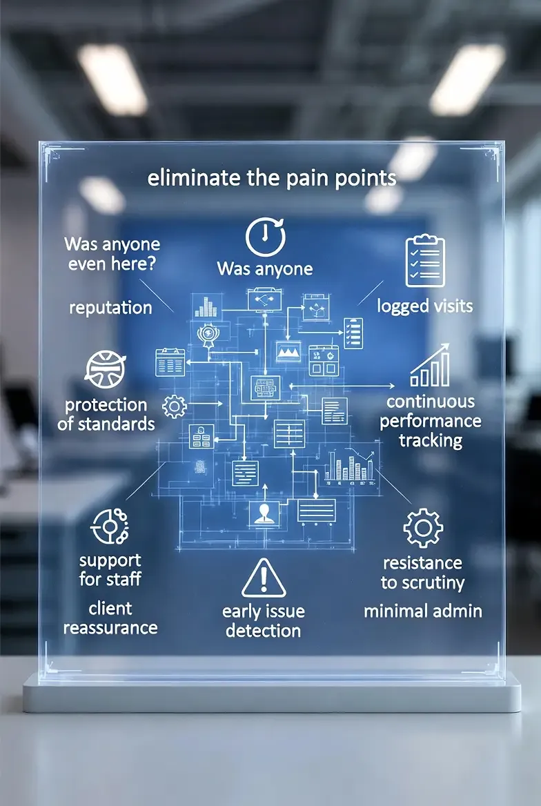 Diagram showing common cleaning pain points including missed visits, tracking, and accountability