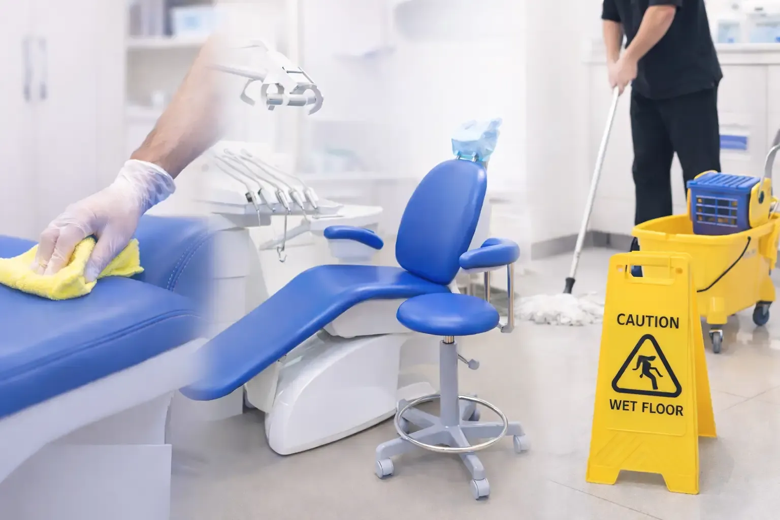 Professional dental surgery cleaning in Gainsborough, including treatment chair disinfection and safe floor cleaning using professional-grade equipment