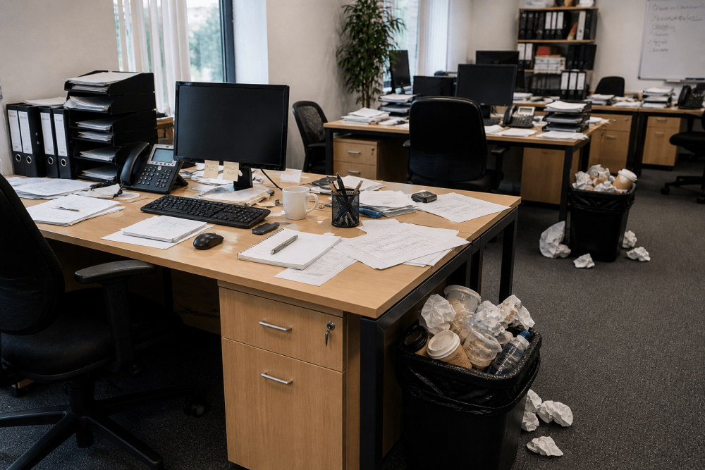 Dusty office desk with full bin showing missed cleaning tasks in Lincoln office