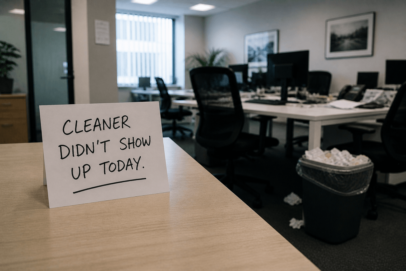 Untidy Newark office with sign saying âCleaner Didnât Show Up Todayâ, highlighting unreliable office cleaning services and missed cleans