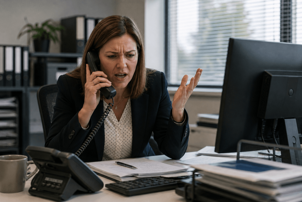 Office manager on phone frustrated with poor cleaning standards in Retford workplace