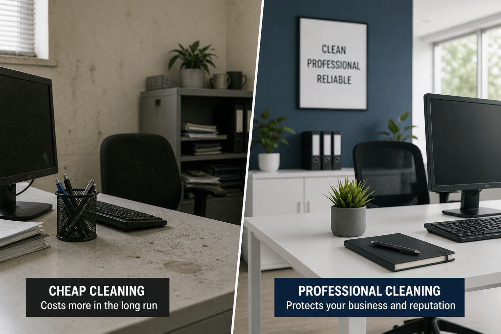 Comparison of poorly cleaned office and professionally maintained workspace showing difference in cleaning standards in Newark