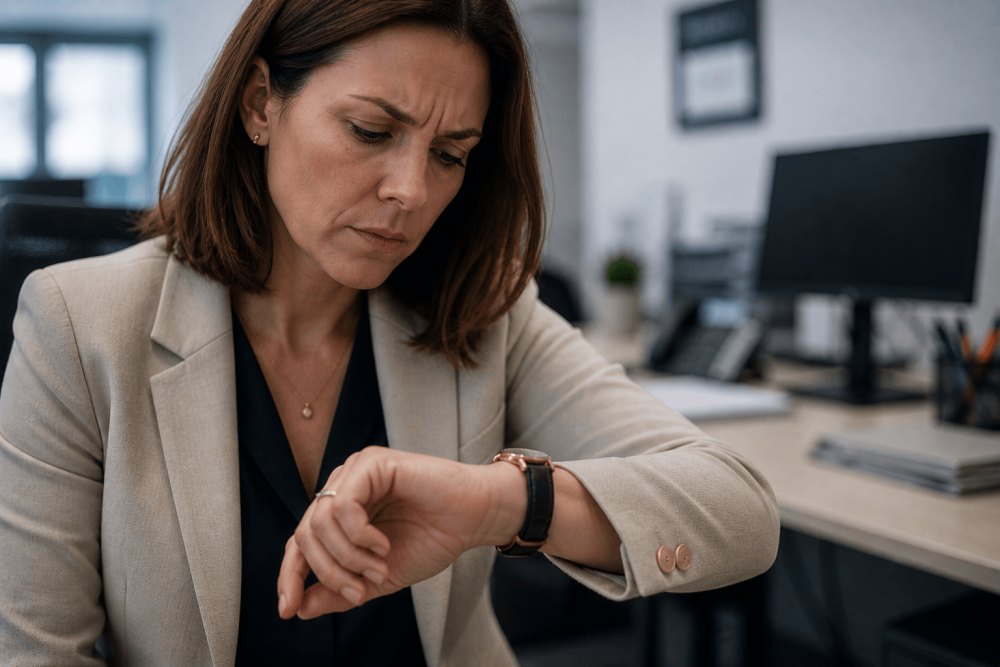 Office manager checking her watch in a modern office due to delayed or rushed cleaning service