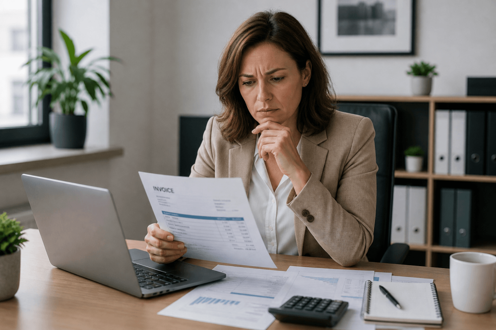 Office manager reviewing cleaning invoice with concern about rising office cleaning costs in Newark
