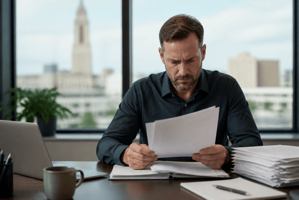Office manager reviewing cleaning invoices with concern about rising cleaning costs in Lincoln