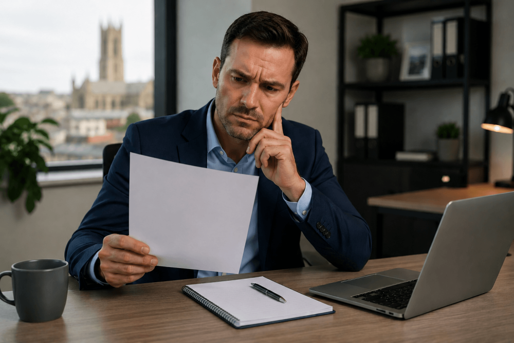Business manager reviewing a blank cleaning quote with concern in Lincoln office