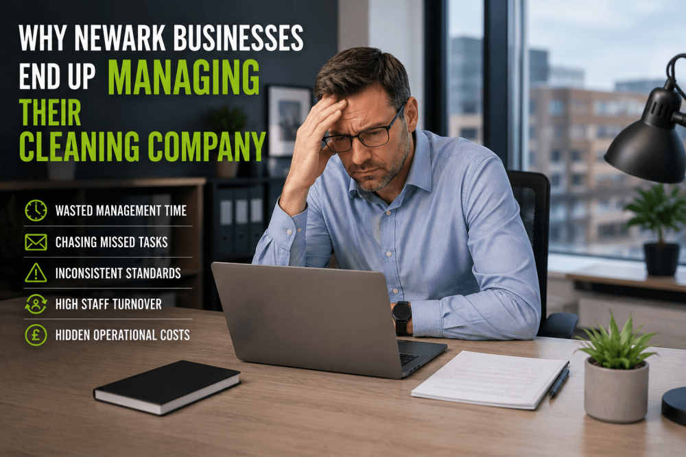 Frustrated Newark office manager dealing with cleaning company issues, missed tasks and management fatigue in a modern office