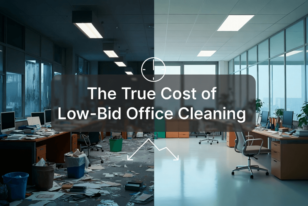 The True Cost of Low Bid Office Cleaning in Newark Comparison of poor low-cost office cleaning versus professionally maintained office cleaning in Newark