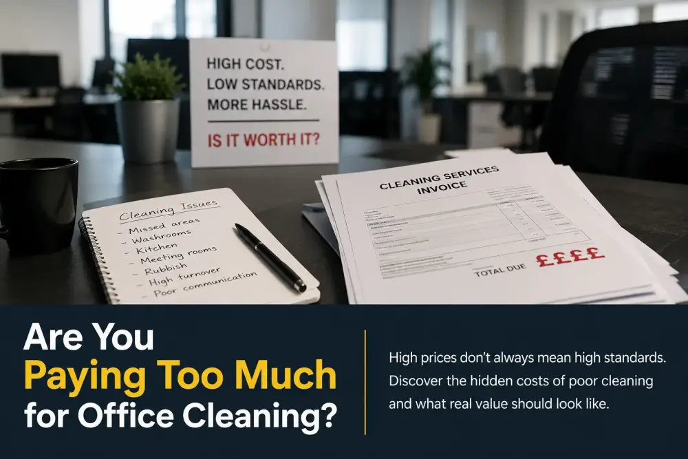 Are You Paying Too Much for Office Cleaning in Retford? Office manager reviewing cleaning costs and poor office cleaning standards in Retford office environment