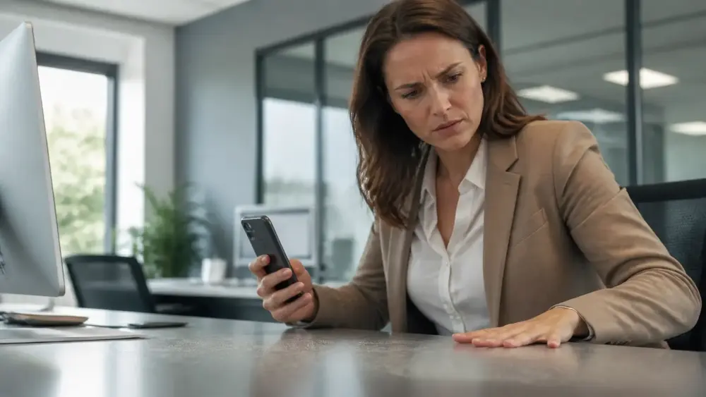 Why Retford Managers Get Tired of Chasing Cleaners Frustrated office manager in Retford checking dusty office desk while chasing cleaning company about poor standards