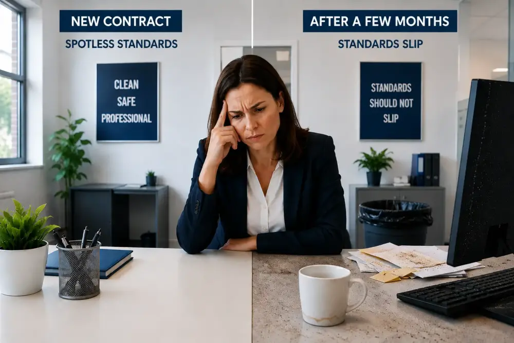Why Cleaning Standards Drop Over Time in Retford Frustrated office manager in Retford dealing with declining office cleaning standards after the first few months of a cleaning agreement