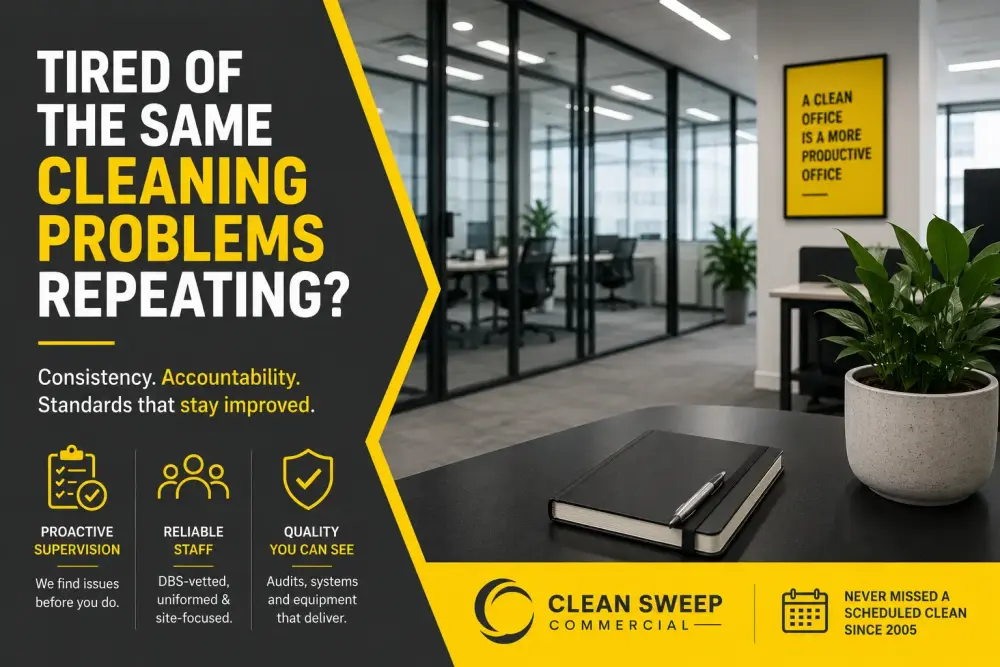 Professional office environment in Retford highlighting repeated commercial cleaning problems and the importance of consistent cleaning standards