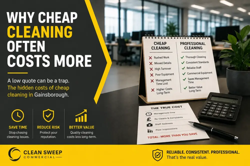 Commercial office cleaning comparison graphic showing the hidden long-term costs of cheap cleaning services in Gainsborough offices