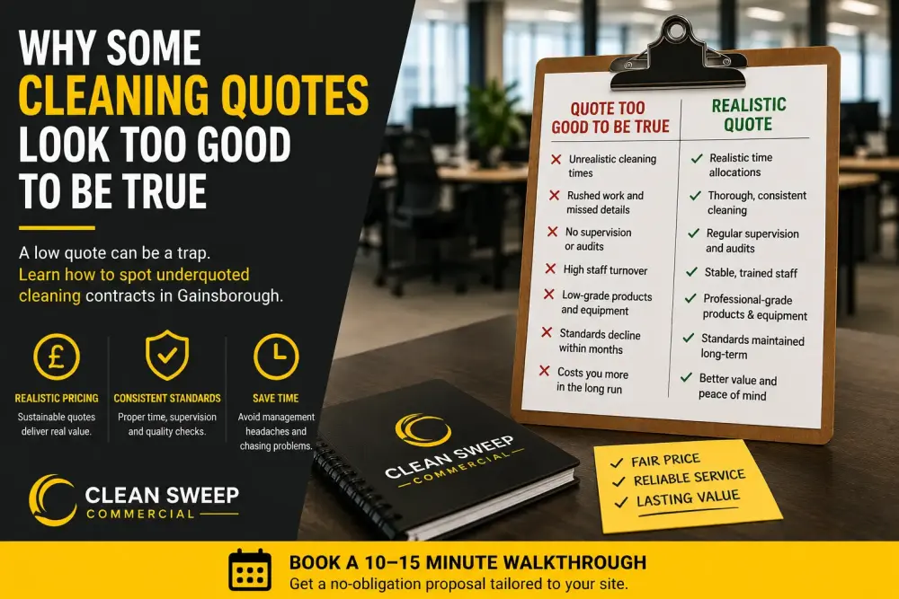Why Some Cleaning Quotes Look Too Good to Be True Professional commercial cleaning infographic explaining the risks of unrealistically cheap office cleaning quotes in Gainsborough