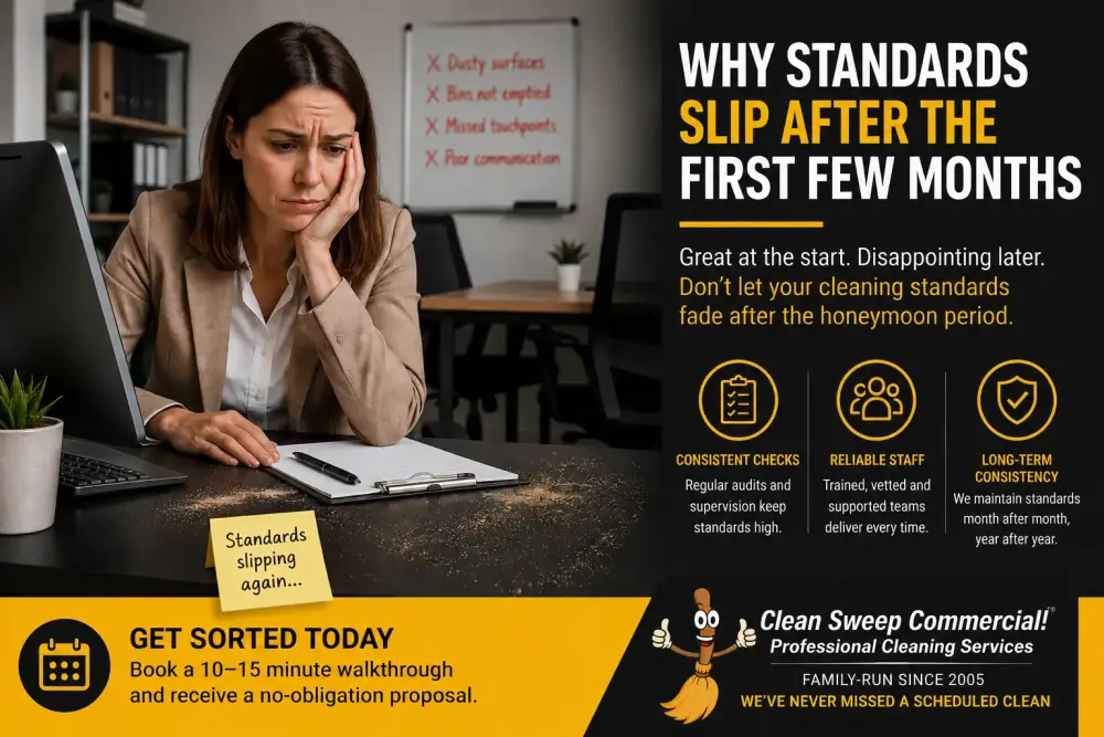 Why Standards Slip After the First Few Months Frustrated office manager in Gainsborough dealing with declining commercial cleaning standards after the initial onboarding period