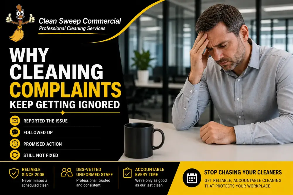 Why Cleaning Complaints Keep Getting Ignored Frustrated Lincoln office manager dealing with repeated commercial cleaning complaints and poor communication from a cleaning company