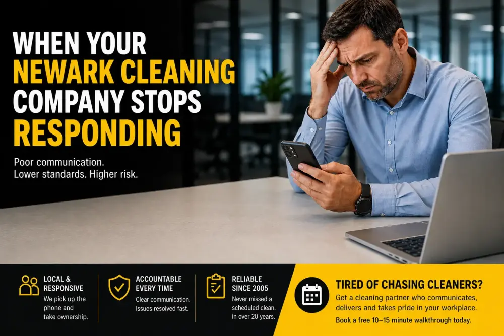 Why Cleaning Companies Become Impossible to Reach Frustrated Newark office manager struggling with poor communication from a commercial cleaning company in a modern office environment