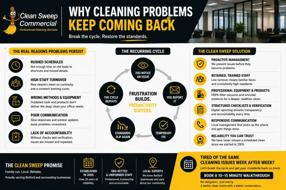 Branded infographic explaining why recurring office cleaning problems keep returning in Retford workplaces and how better management improves consistency