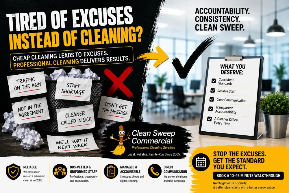Branded commercial cleaning infographic showing how cheap office cleaning in Gainsborough leads to excuses, poor accountability, and inconsistent standards Why Cheap Cleaning Leads to Constant Excuses