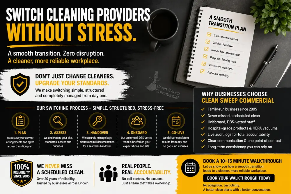 Branded commercial cleaning infographic showing a smooth and stress-free office cleaning provider transition for Lincoln businesses using Clean Sweep Commercial colours and messaging
