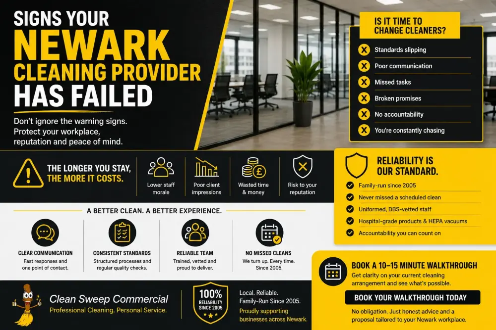 Branded commercial cleaning infographic showing warning signs of a failing office cleaning provider in Newark including poor communication, missed tasks, and declining standards