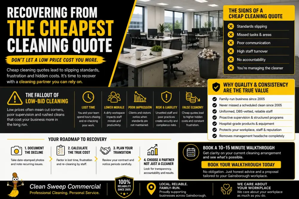 Recovering from the Cheapest Cleaning Quote Branded commercial cleaning infographic showing the hidden operational costs of cheap office cleaning quotes in Gainsborough and the benefits of switching to a reliable provider