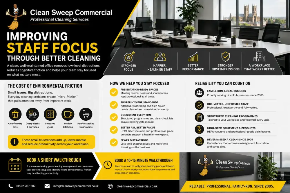Branded Clean Sweep Commercial infographic showing how professional office cleaning improves staff focus and workplace productivity in a Lincoln office environment.