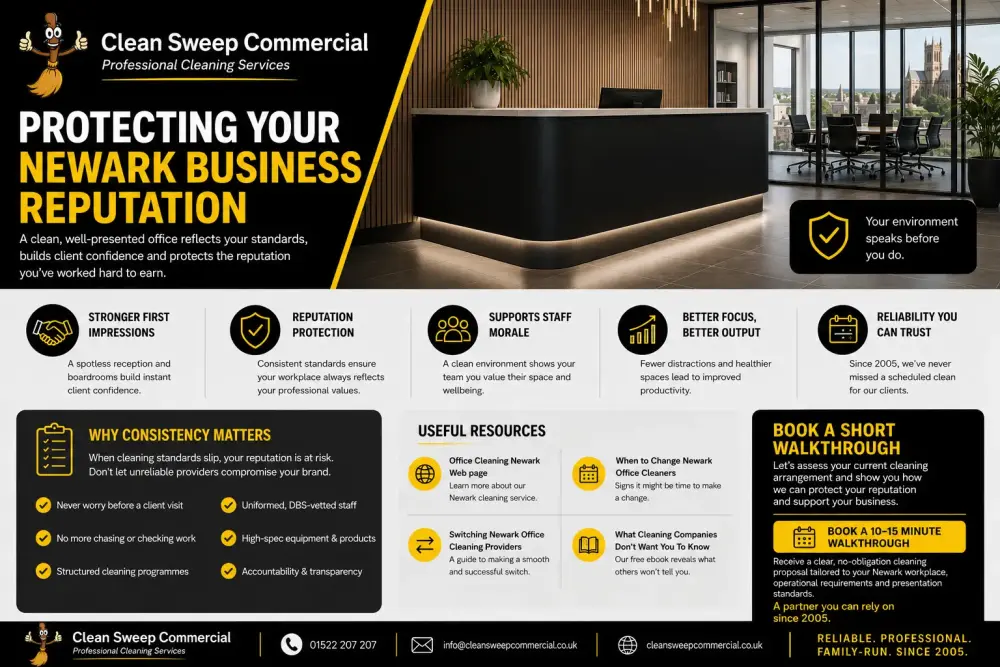 Branded Clean Sweep Commercial infographic showing how consistent office cleaning protects business reputation and client confidence in Newark workplaces.