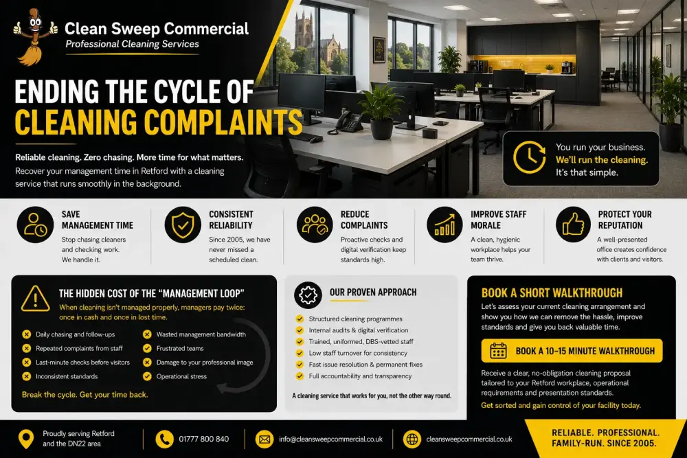 Branded Clean Sweep Commercial infographic showing a modern Retford office environment focused on reducing cleaning complaints and management frustration through reliable commercial cleaning services.