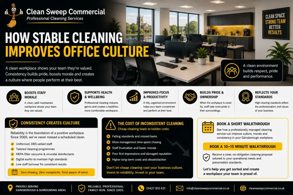 How Stable Cleaning Improves Office Culture in Gainsborough Branded Clean Sweep Commercial infographic showing a modern Gainsborough office environment highlighting how reliable commercial cleaning improves staff morale, workplace culture, and operational consistency.