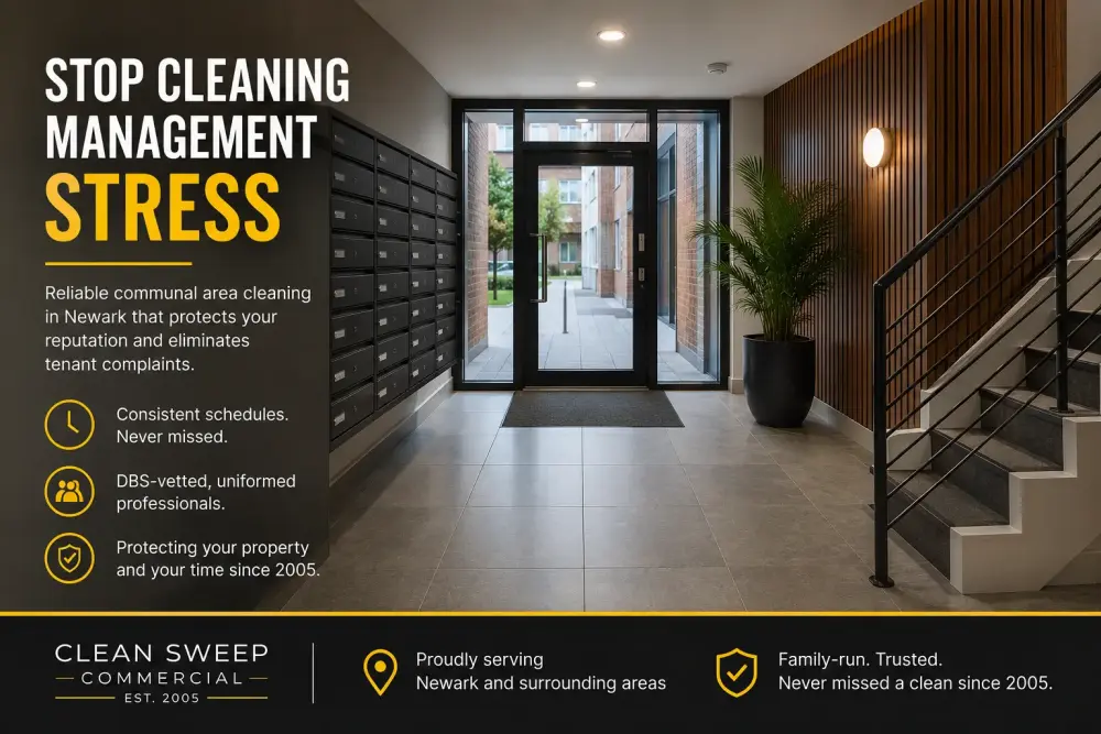 Newark Property Cleaning Management Relief Modern communal apartment entrance in Newark showing professionally maintained shared areas with Clean Sweep Commercial branding and management-focused cleaning message