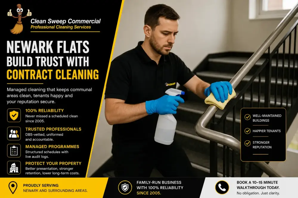 Newark Flats Contract Cleaning by Clean Sweep Commercial Clean Sweep Commercial cleaner sanitising stair handrail in Newark apartment block communal area with branded contract cleaning infographic design