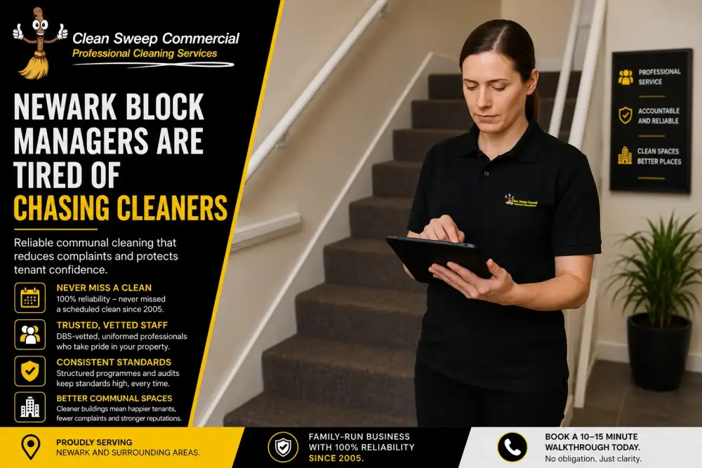Newark Block Managers Tired of Chasing Cleaners Clean Sweep Commercial staff member using digital audit tablet in Newark communal stairwell with branded managed cleaning infographic design