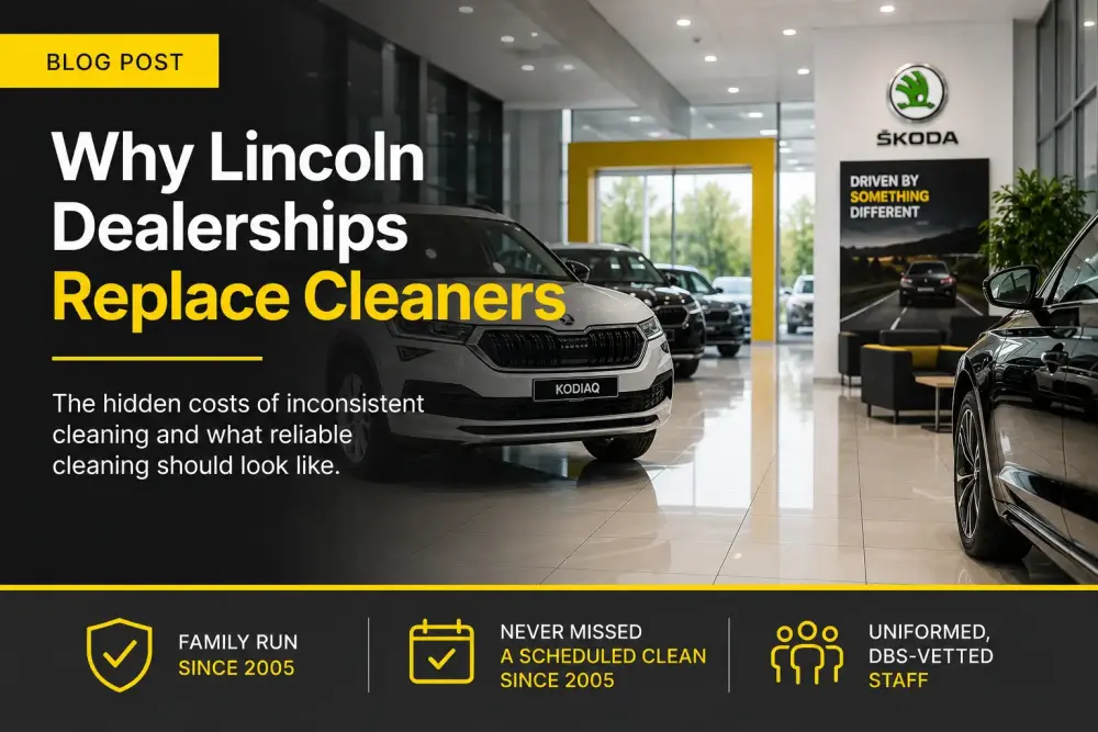 Modern Lincoln car dealership showroom with Clean Sweep Commercial branded infographic highlighting reliable dealership cleaning services and consistent showroom standards.