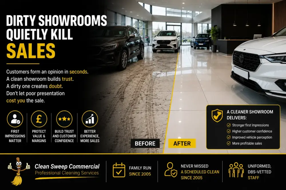 Clean Sweep Commercial branded infographic showing how poor showroom presentation, tyre marks, and dirty dealership environments reduce customer trust and vehicle sales in Lincoln.