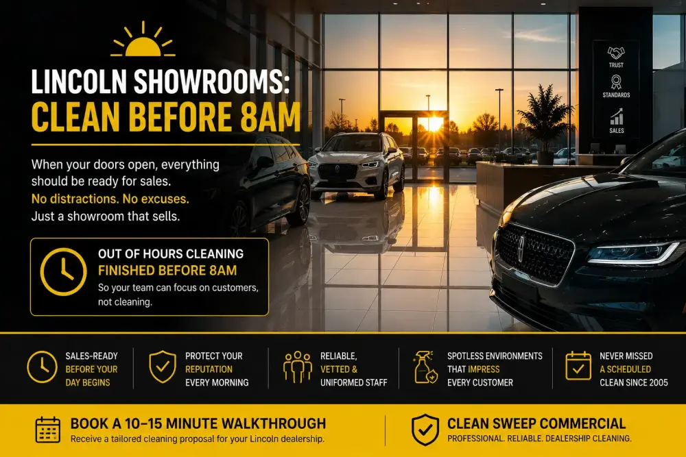 Branded Clean Sweep Commercial infographic showing a spotless Lincoln car showroom at sunrise with out-of-hours dealership cleaning completed before opening time.