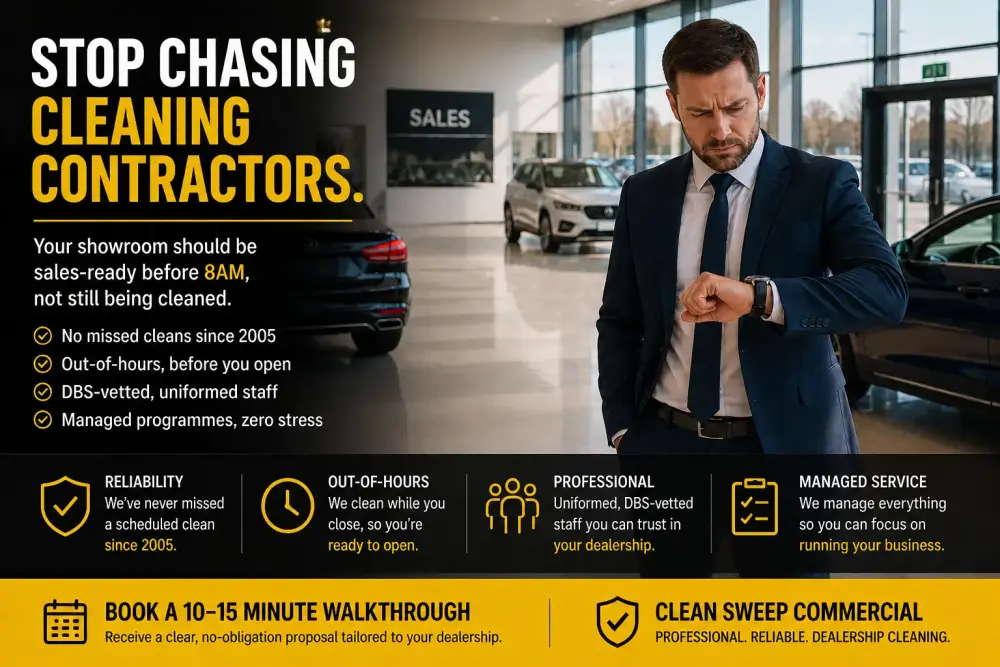 Branded Clean Sweep Commercial infographic showing a frustrated dealership manager checking his watch inside a spotless Newark car showroom before opening time.