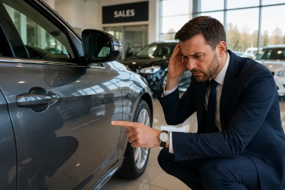 Dealership manager in a Newark car showroom inspecting a small scratch on a vehicle, highlighting concerns around cleaner accountability, vehicle protection, and professional dealership cleaning standards.