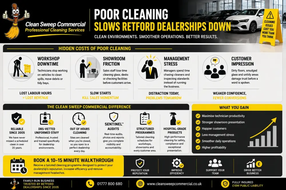 infographic showing how poor cleaning affects Retford car dealerships through workshop downtime, management stress, showroom friction, and weaker customer confidence using Clean Sweep brand colours and dealership-focused visuals.