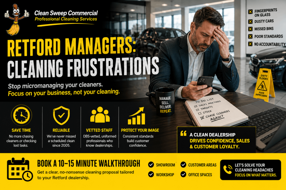 Stressed Retford dealership manager dealing with poor showroom cleaning standards.