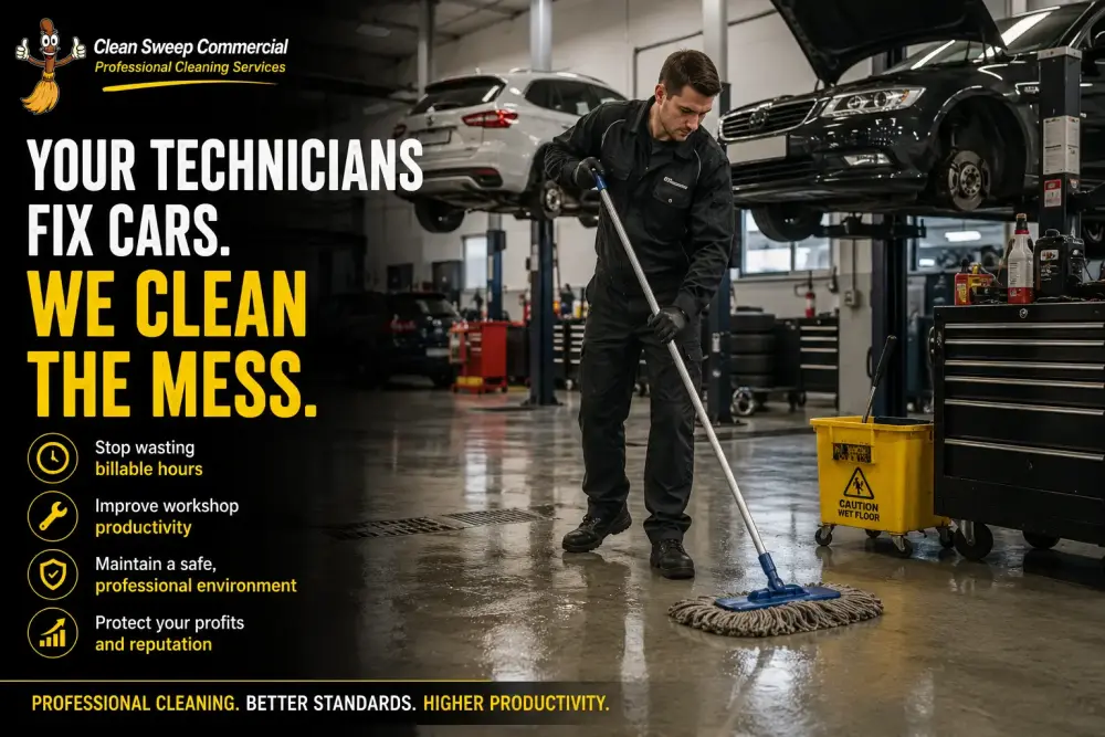 Retford dealership technician mopping a workshop floor instead of working on vehicles.
