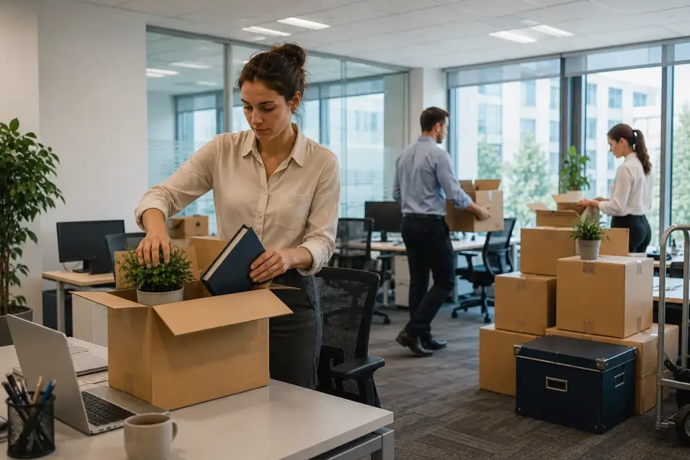 Staff packing boxes during an office relocation in Lincoln while preparing for a fresh workplace transition and cleaning reset.