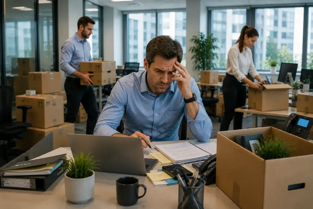 Stressed office manager surrounded by packing boxes during a Newark office relocation and commercial cleaning handover process.