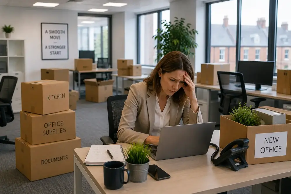 Stressed female office manager surrounded by moving boxes during a Retford office relocation and workplace transition.
