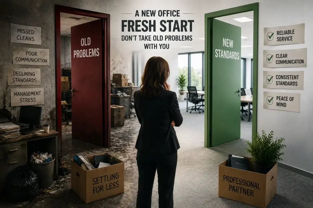 Office manager considering whether to carry old cleaning problems into a new Gainsborough office during a workplace relocation.