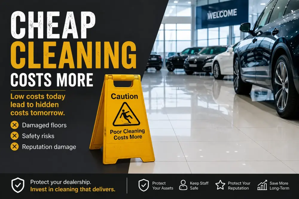 Modern Gainsborough car dealership showroom highlighting the hidden costs of cheap commercial cleaning services and poor maintenance standards.
