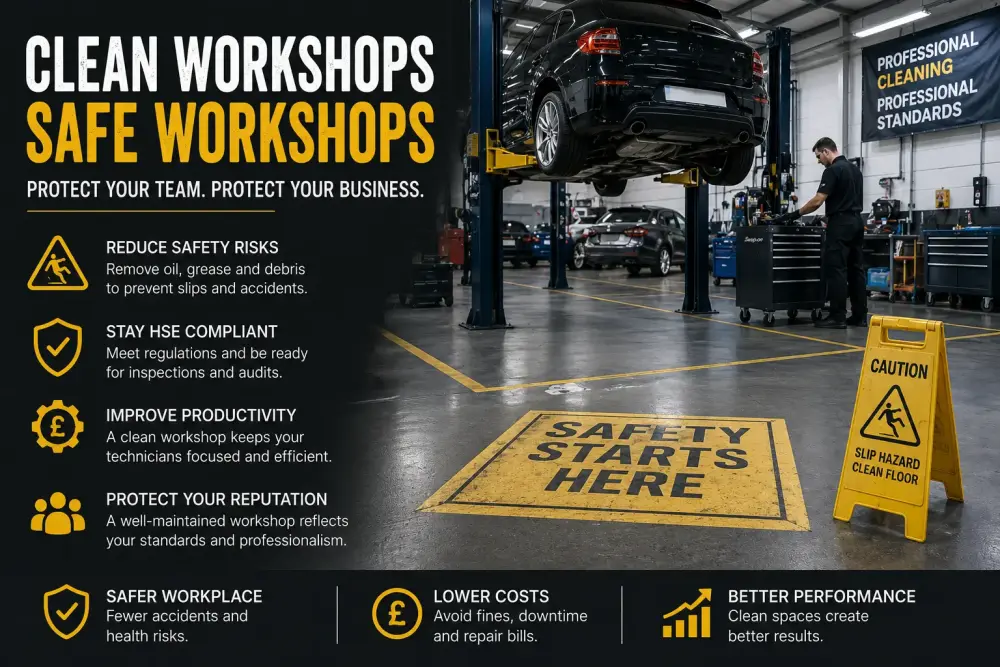 Clean Workshops Safe Workshops Professional automotive workshop in Gainsborough highlighting safety, HSE compliance, and the importance of clean dealership workshop environments.