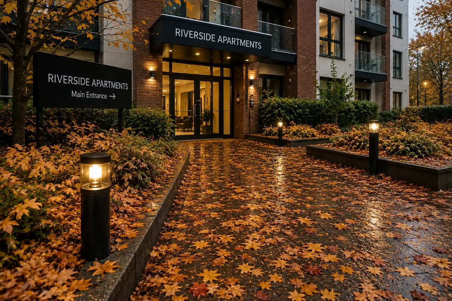 Modern Newark apartment building entrance during autumn with fallen leaves across communal walkways